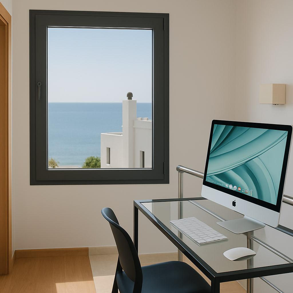 The workspace, with an iMac and a sea view